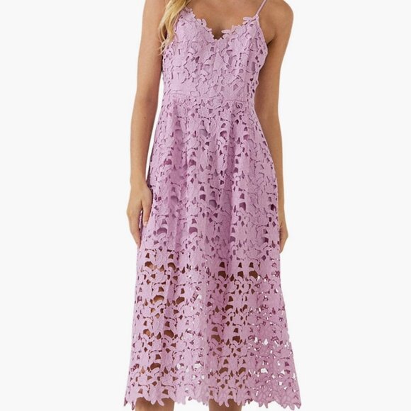 Lace Spaghetti Strap V-Neck Midi Dress Purple, Floral Crochet Overlay, Medium - Picture 1 of 9